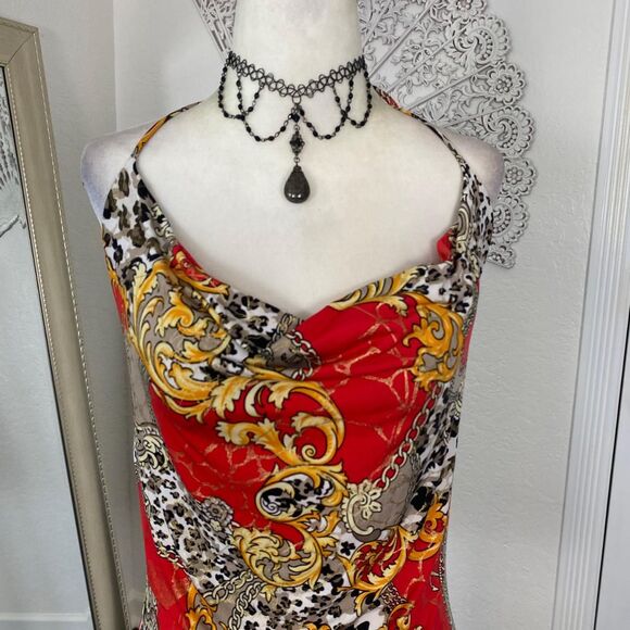 Y2K Boho Red Gold Paisley Low Cowl Neck Made in USA Halter Top Sz M - Picture 3 of 8